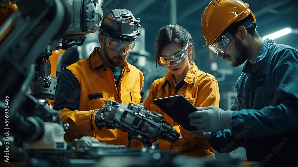 Poster Business engineers meet and check control heavy machine robot arm Diverse Team of Industrial Robotics Engineers Gathered Around machine Professional Machinery Operator Use Industrial D : Generative AI