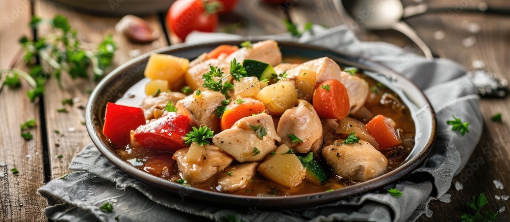 Aufkleber a plate of chicken vegetable stew on a wooden table with a clean background suitable for utilizing a