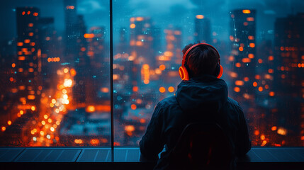 Urban Nightscape Escape: A lone figure finds solace amidst the vibrant city lights, headphones on, gazing out at the breathtaking panorama. 