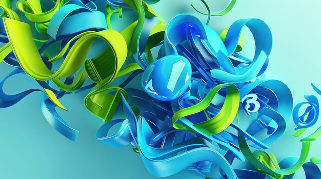 3D abstract background where abstract typography in shades of electric blue and neon green dances across the scene