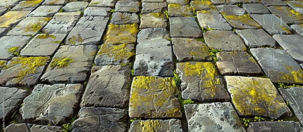 Poster a close up view of a stone walkway with grey and yellow bricks and patches of green moss ideal for b