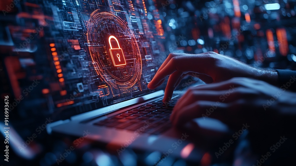 Aufkleber Cyber security network Data protection concept Businessman using laptop computer with digital padlock on internet technology networking with cloud computing and data management cyberse : Generative AI