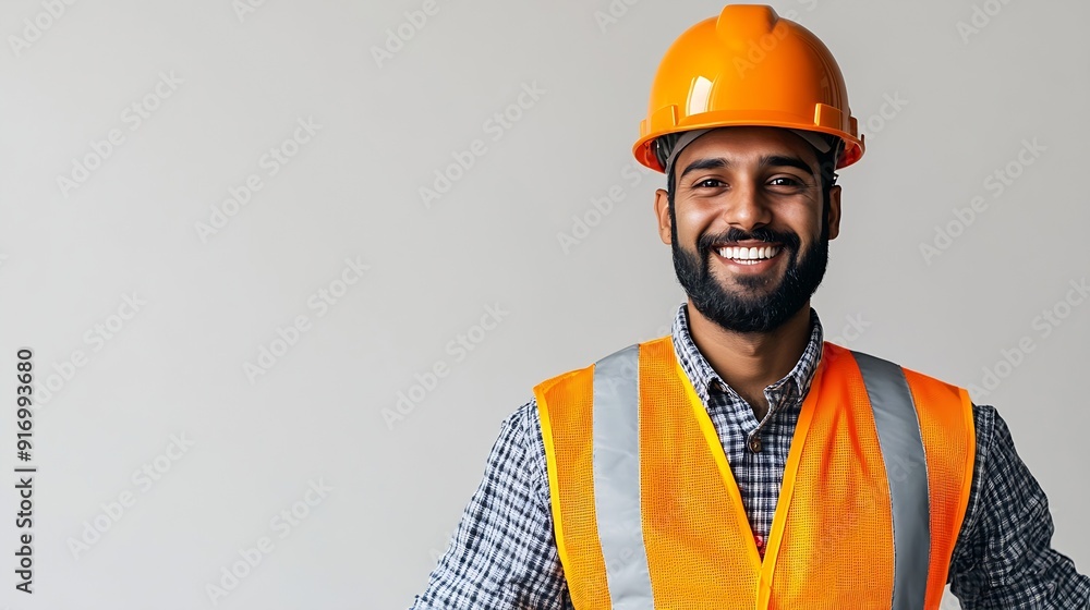 Aufkleber Construction worker engineer and studio portrait of happy man in vest and helmet for safety on white background Smile contractor or architect in planning or renovation project manager  : Generative AI