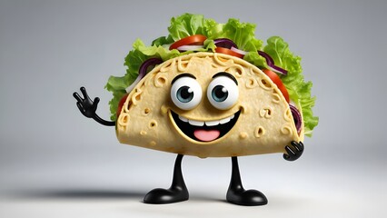 taco character a taco with a-big smile and googly eyes its shell forming the body with lettuce.