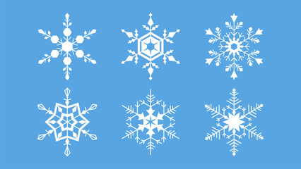 Set of white snowflake designs on a blue background. Winter and Christmas theme. Flat vector illustration.