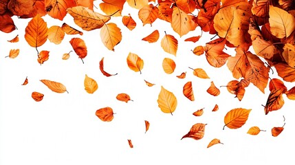 falling autumn leaves are highlighted on a white background : Generative AI