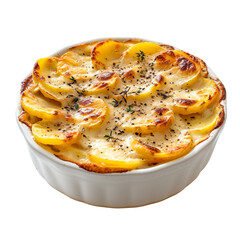 Front view of Gratin Dauphinois (potato gratin) with layers of thinly sliced potatoes baked in a creamy garlic-infused sauce, isolated on a white transparent background