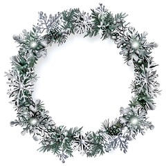 Festive holiday wreath with snow-covered pine branches and ornaments, perfect for winter and Christmas decorations.