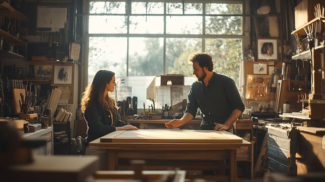 A man and woman in a workshop discuss a wooden frame surrounded by tools and furniture : Generative AI