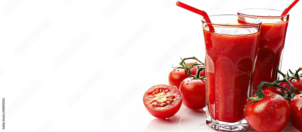 Poster tomato juice displayed against a white background with copy space image available