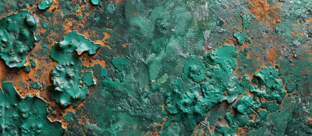 Poster top view of an abstract background with emerald green and rusty textures ideal for design with a ban