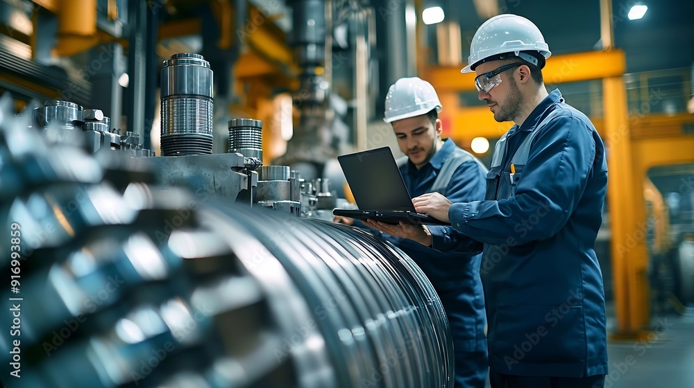 Poster factory engineer manager with assistant using laptop to conduct inspection of steel industrial machi