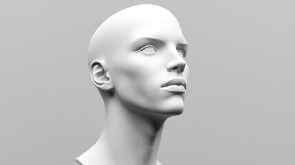 White mannequin head looking up against a grey background.