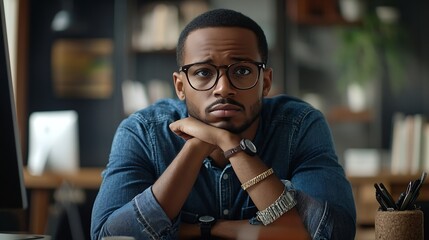 Thoughtful african American male employee in glasses sit at desk distracted from computer work pondering pensive biracial man look in distance thinking or planning business vision conc : Generative AI