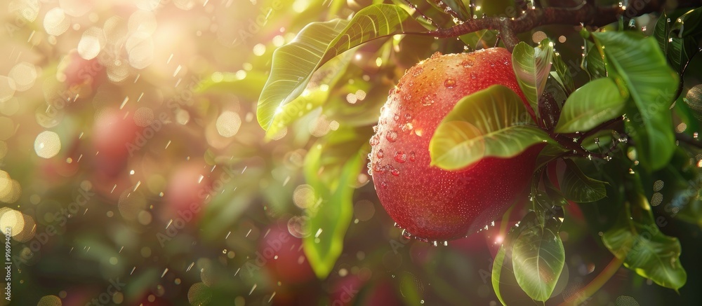 Poster red mango hanging from a tree branch with lush green leaves and a sunny background perfect for a cop