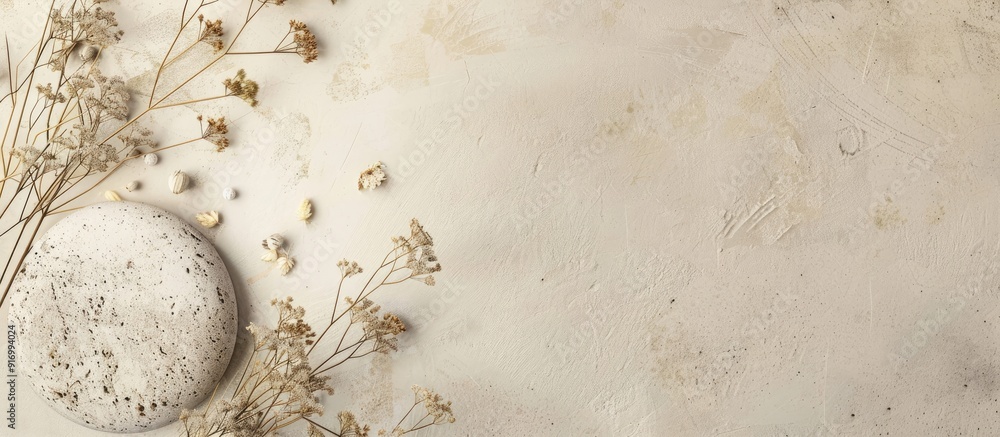 Poster top down view of a simple round stone and a rustic bouquet of dried flowers on a neutral beige backd