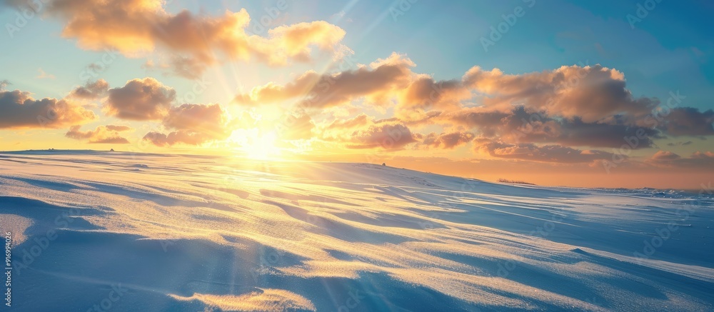 Poster scenic winter sunset with long shadows and clouds in golden light tranquil nature background with sp