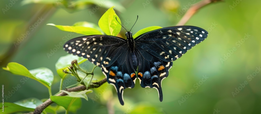 Poster a black butterfly with white spots on a vine in a macro shot with a blurred background ideal for a c