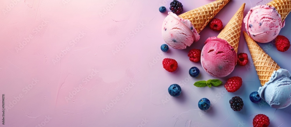 Poster vibrant ice cream in colorful cones on a bright background topped with fresh berries displayed in a 
