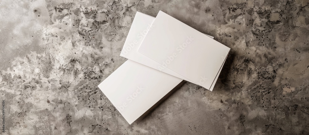 Aufkleber top view of blank business cards on a grey textured background ideal for design mockup with copy spa