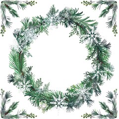 Elegant Christmas wreath with green pine branches and snowflakes on a white background, perfect for holiday decorations.