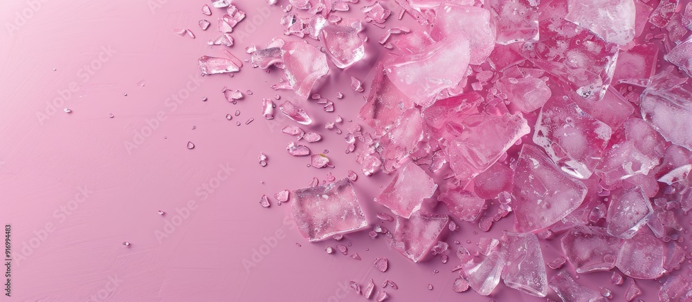 Poster top view of crushed ice on a pink background with copy space image