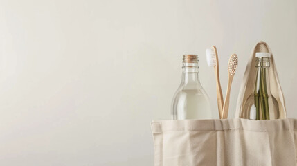 Two bamboo toothbrushes, a glass bottle, and another bottle peek out of a canvas tote bag, copy space