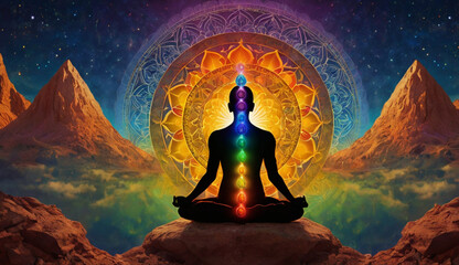 Person in a yoga pose, seven glowing chakras aligned on their body. Vibrant energy patterns swirl around, set against a vast, tranquil universe backdrop, symbolizing balance, energy, and inner peace.