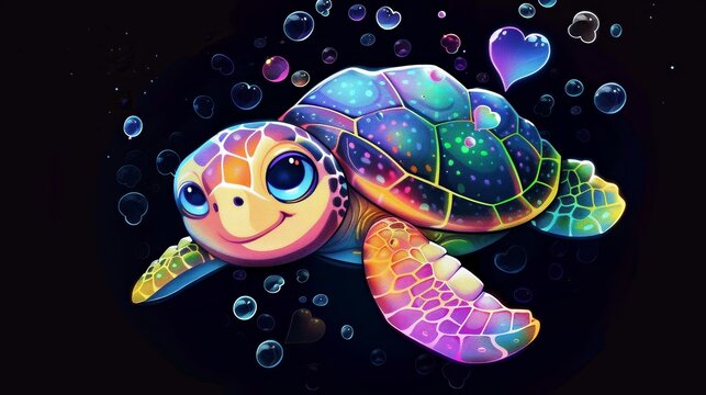A cartoon turtle with a vibrant rainbow shell swims through a sea of bubbles at night