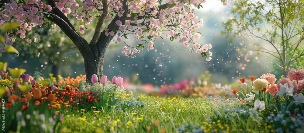 Aufkleber blossoming simpor tree and various flowers in the garden add color with copy space image