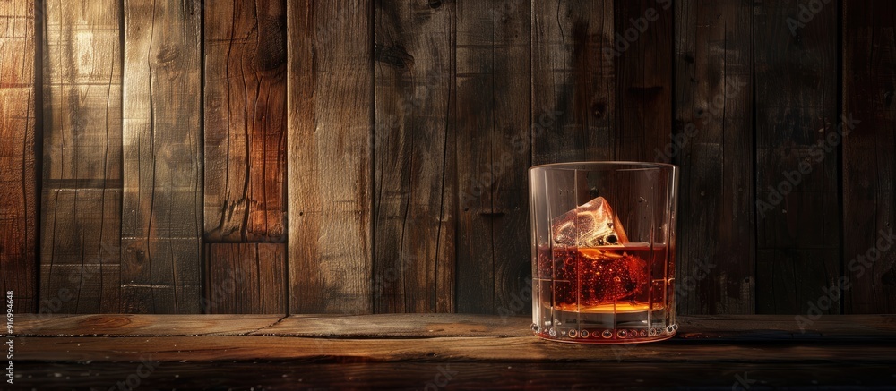Poster copy space image of whiskey bourbon or cognac on a glass with an ice cube set against a rustic woode