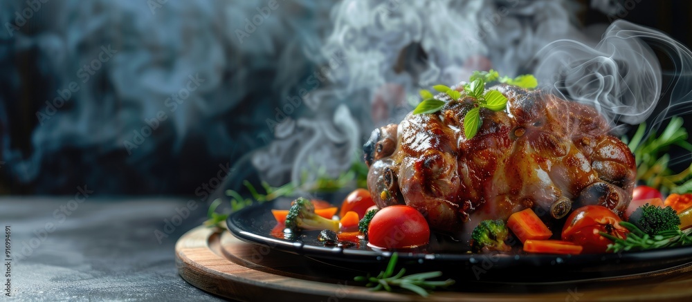 Poster cook a pork leg with vegetables in a steaming process creating a delicious dish suitable for a copy 