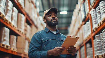 Portrait of warehouseman with clipboard checking delivery stock in warehouse Warehouse worker preparing products for shipment : Generative AI