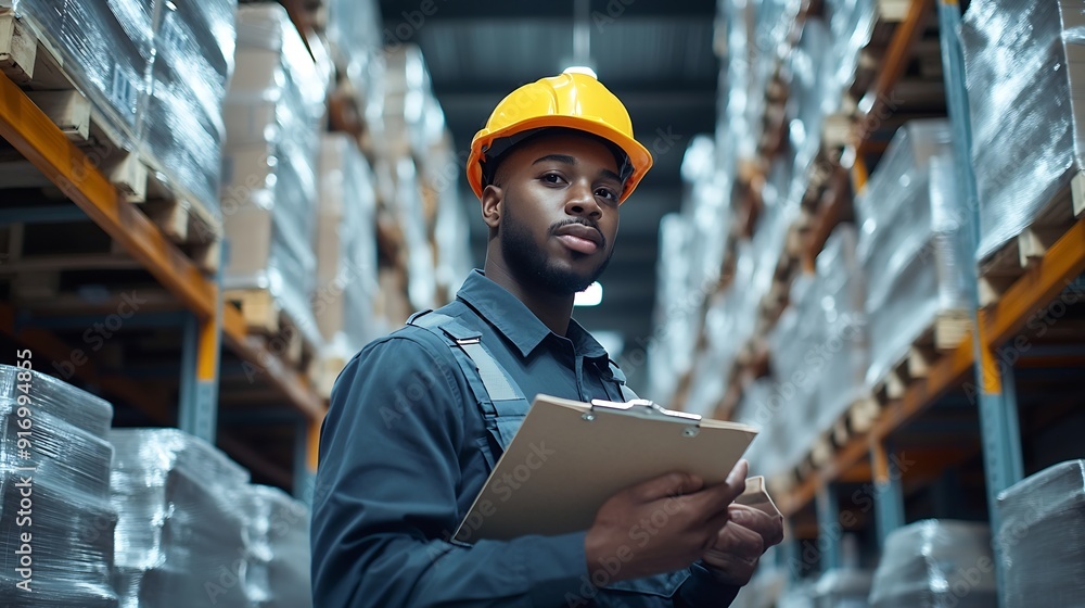 Poster portrait of man warehouse worker wearing uniform and helmet safety standing with clipboard for check