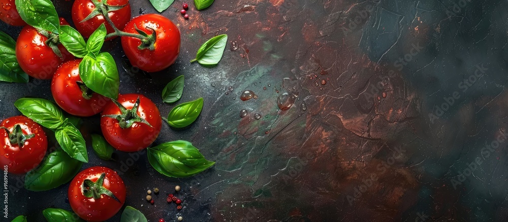 Canvas Prints Fresh cherry tomatoes and green basil on a textured backdrop with tomato sauce suitable for salad are organic vegan ingredients alongside a place for text Image with copy space