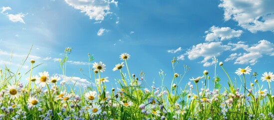 Summer Meadow with White Flowers and Blue Sky