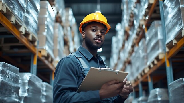 Portrait of man warehouse worker wearing uniform and helmet safety standing with clipboard for checking stock products on shelves in warehouse factory store Logistics Distribution Cent : Generative AI