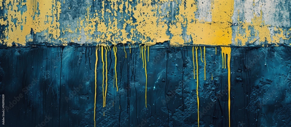 Poster an abstract background showing a dirty retro aged wall surface with flowing blue and yellow paint dr