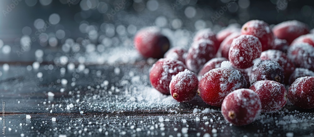 Poster selective focus enhances the presentation of cranberries coated in powdered sugar placed on a dark w