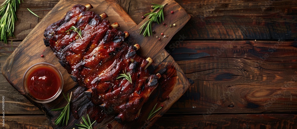 Poster delicious grilled pork ribs on a rustic table with copy space image in top view