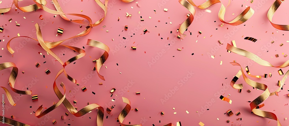 Poster pink background with a scattering of gold ribbons featuring selective focus and room for text in a c