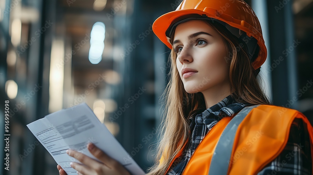 Poster young cropped unrecognizable woman in hardhat and engineer vest reading documents while standing on 