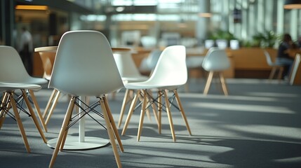 White circular wooden planks for placing luggage in the airport on a black carpet background White chairs and table indoor Contemporary comfortable plastic furniture : Generative AI