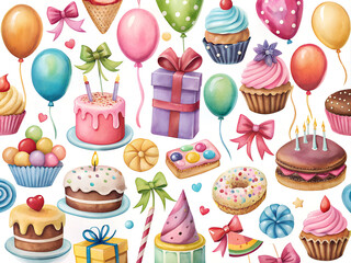 Set of cute bright images on the theme of birthday with cake, balloons, gifts in watercolor style on a white background