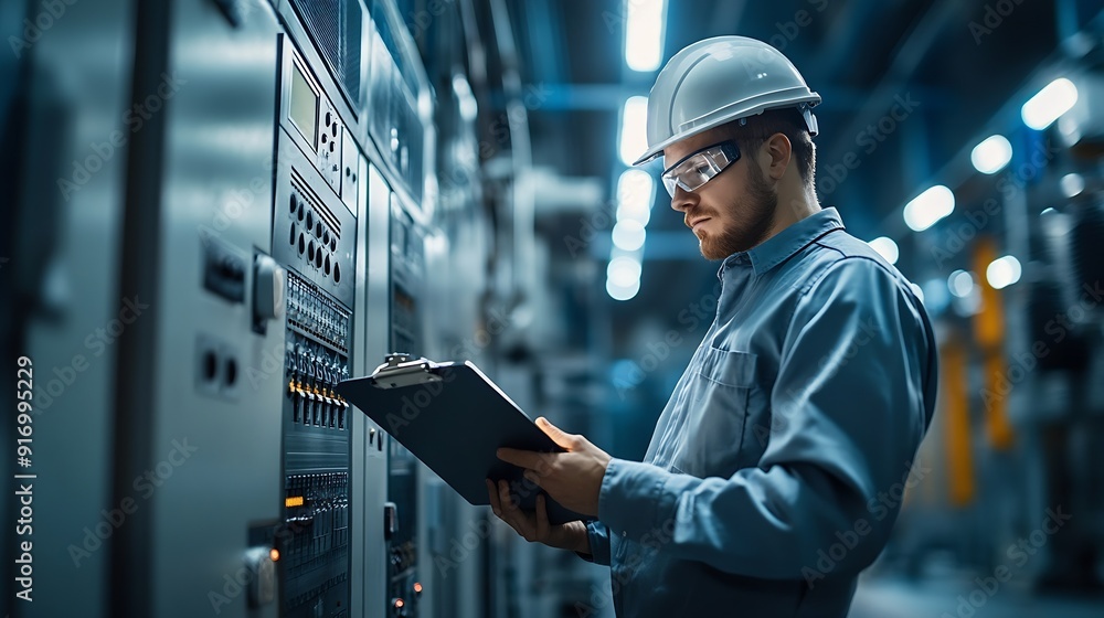 Aufkleber Professional Engineering of modern factory checking  to automatic machinery Engineering with clipboard Programmable Logic Controller to manage large machine working full automatic : Generative AI