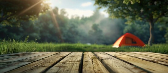 Blurry camping tent with grass field background featuring a wooden table top Ideal for product display or design layouts with a fresh and relaxing theme including copy space images
