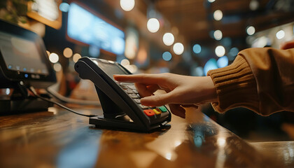 Woman using bank terminal for credit card payment at table