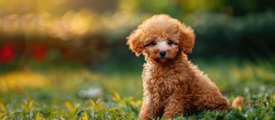 Fluffy red Toy Poodle puppy sitting on green grass adorable as it gazes into the camera perfect for a copy space image domestic pet