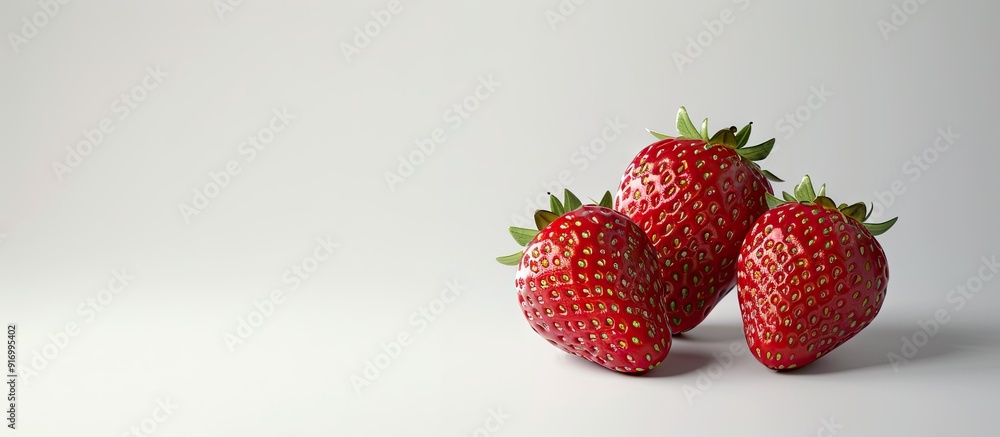 Aufkleber three red ripe strawberries arranged nicely on a plain white backdrop suitable for a copy space imag