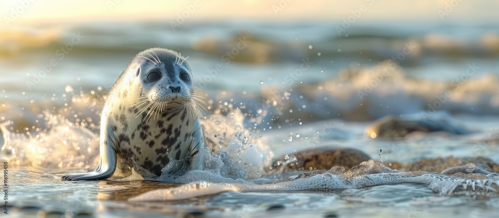 Aufkleber a young harbor seal phoca vitulina is seen making its way from the beach into the ocean with a sceni